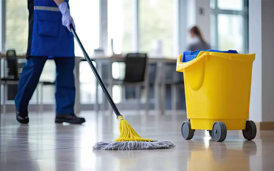 Cleaning professional mopping the floor of a bright commercial office